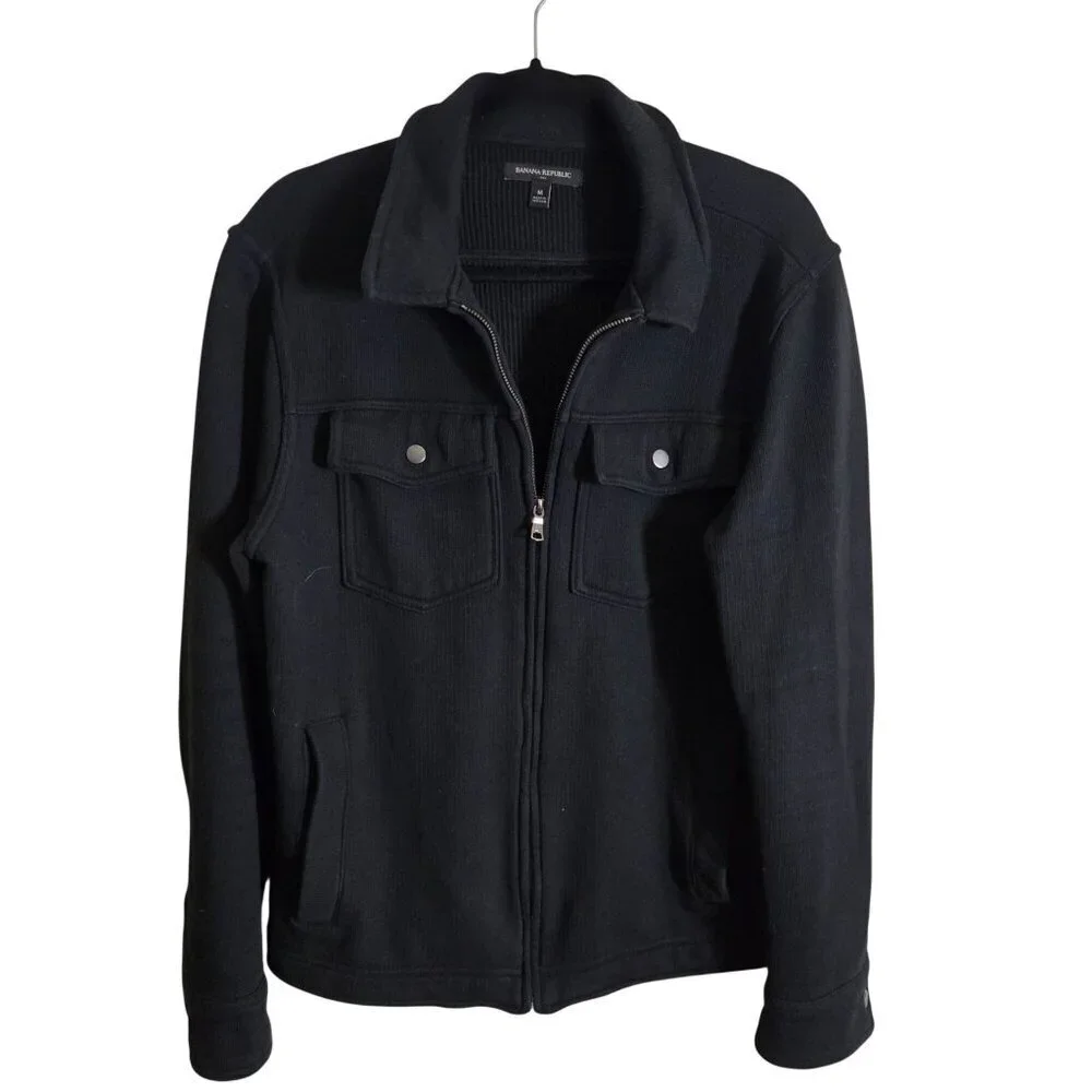 Banana Republic Ribbed Texture Jacket Black Full Zip Snap Pockets Size M